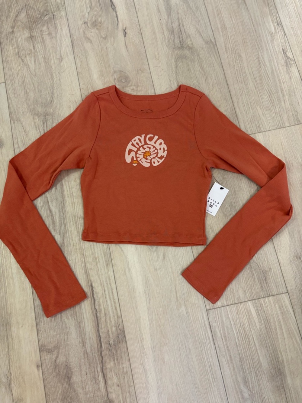 Billabong Rust Orange Ribbed Crop Long Sleeve Top with Graphic